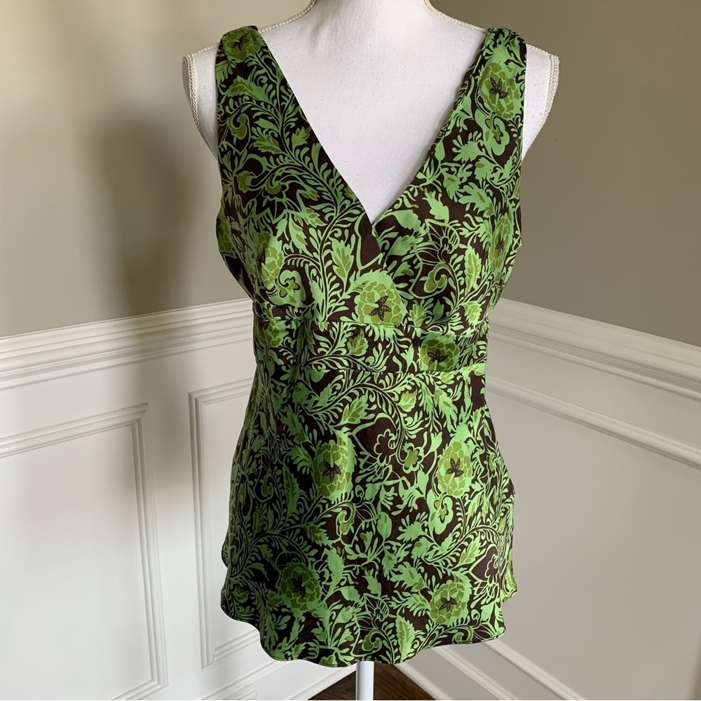 INC International Concepts Green And Brown Floral Silk Top Size 10